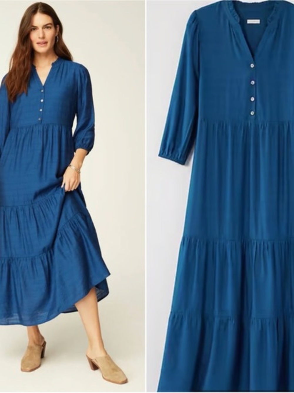 J. Jill Ruffled Neckline Tiered Maxi Dress 1/2 Sleeve Blue Ruffle Neckline Sz LP